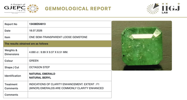 IIGJ certificate 13438D54813 for natural Emerald from Tushar Gems