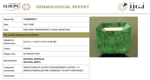 IIGJ certificate 13438D54814 for natural Emerald from Tushar Gems