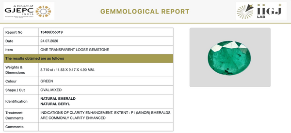 Certificate 13486D55319 for natural Emerald from Tushar Gems