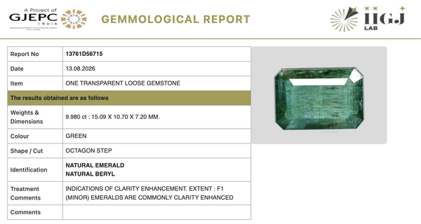 IIGJ certificate 13761D56715 for natural Emerald from Tushar Gems