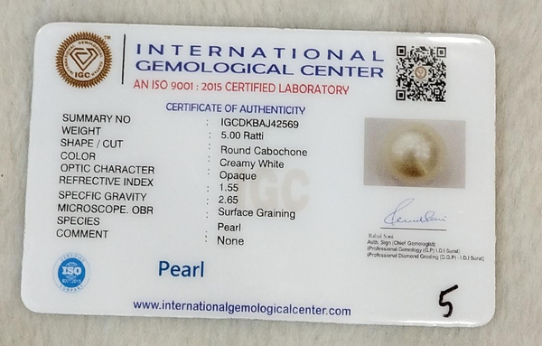 Natural Pearl 5.00 Ratti IGCDKBAJ42569 IGC certificate