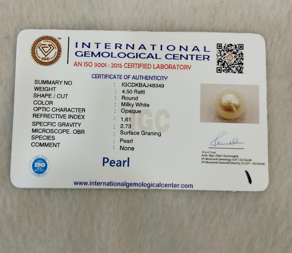 Natural Pearl 4.50 Ratti IGCDKBAJ48349 IGC certificate