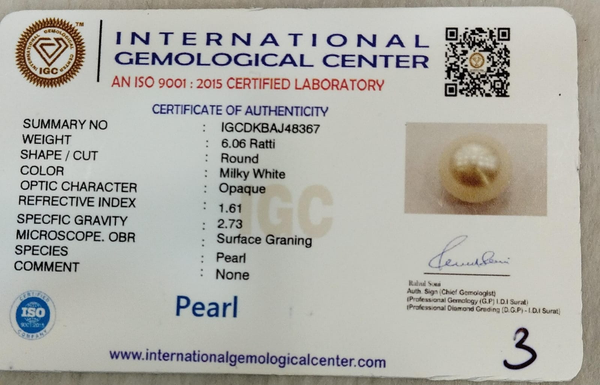 Natural Pearl 6.06 Ratti IGCDKBAJ48367 IGC certificate