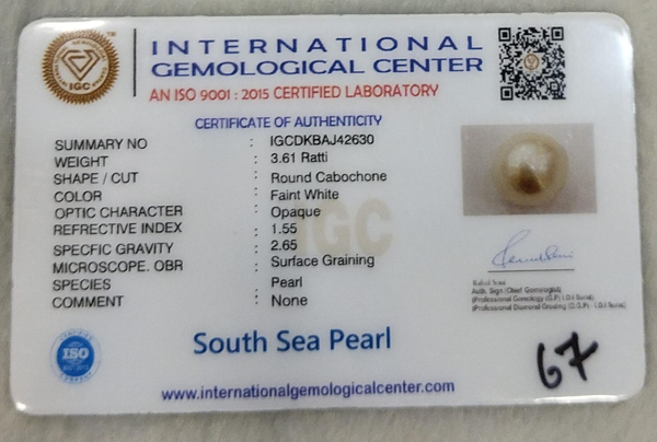 IGC certificate IGCDKBAJ42630 for Natural South Sea Pearl from Tushar Gems