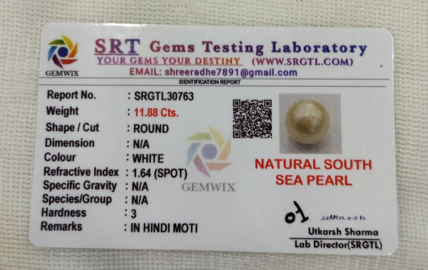 SRT Gems Testing Laboratory certificate SRGTL30763 for Natural South Sea Pearl from Tushar Gems