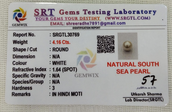 SRT Gems Testing Laboratory certificate SRGTL30769 for Natural South Sea Pearl from Tushar Gems