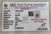 SRT Gems Testing Laboratory certificate SRGTL30789 for Natural South Sea Pearl from Tushar Gems