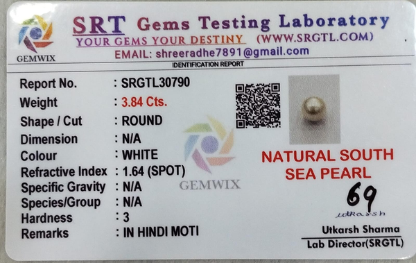 SRT Gems Testing Laboratory certificate SRGTL30790 for Natural South Sea Pearl from Tushar Gems