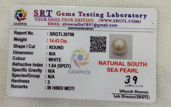 SRT Gems Testing Laboratory certificate SRGTL30798 for Natural South Sea Pearl from Tushar Gems