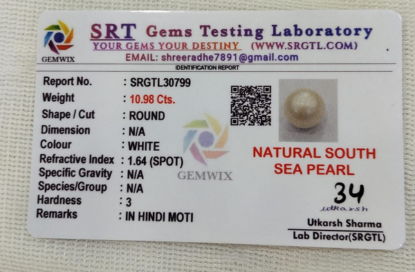 SRT Gems Testing Laboratory certificate SRGTL30799 for Natural South Sea Pearl from Tushar Gems