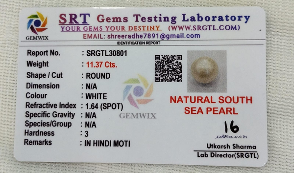 SRT Gems Testing Laboratory certificate SRGTL30801 for Natural South Sea Pearl from Tushar Gems