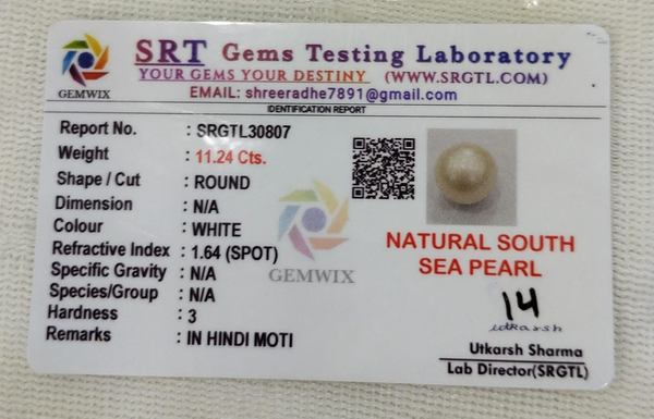 SRT Gems Testing Laboratory certificate SRGTL30807 for Natural South Sea Pearl from Tushar Gems