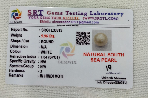 SRT Gems Testing Laboratory certificate SRGTL30813 for Natural South Sea Pearl from Tushar Gems