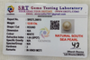 SRT Gems Testing Laboratory certificate SRGTL30815 for Natural South Sea Pearl from Tushar Gems