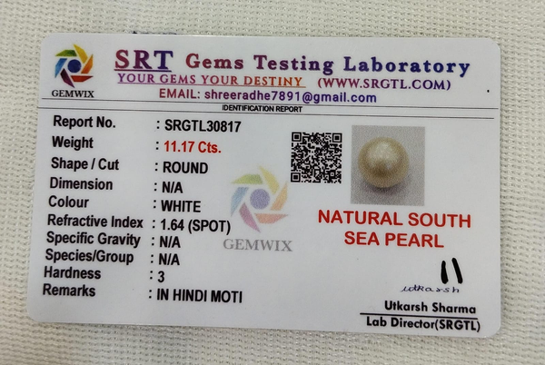 SRT Gems Testing Laboratory certificate SRGTL30817 for Natural South Sea Pearl from Tushar Gems