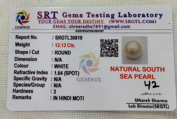SRT Gems Testing Laboratory certificate SRGTL30819 for Natural South Sea Pearl from Tushar Gems