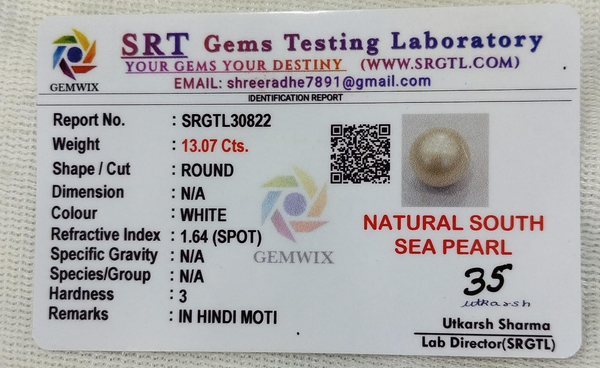 SRT Gems Testing Laboratory certificate SRGTL30822 for Natural South Sea Pearl from Tushar Gems