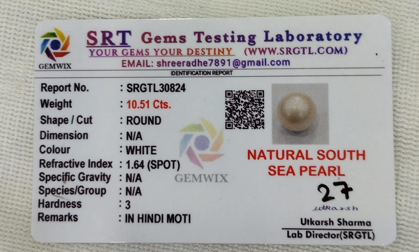 SRT Gems Testing Laboratory certificate SRGTL30824 for Natural South Sea Pearl from Tushar Gems