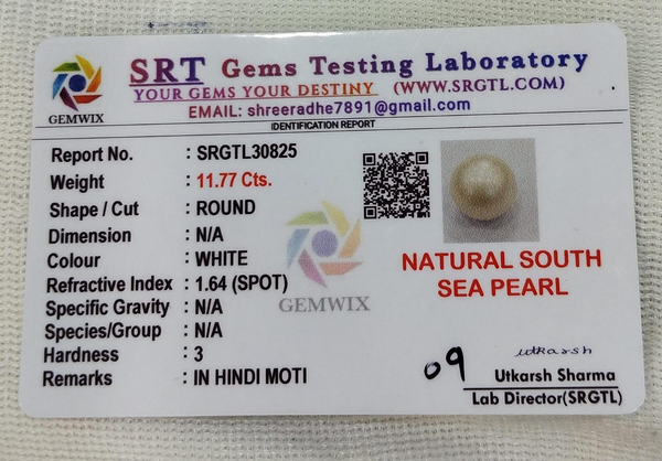 SRT Gems Testing Laboratory certificate SRGTL30825 for Natural South Sea Pearl from Tushar Gems