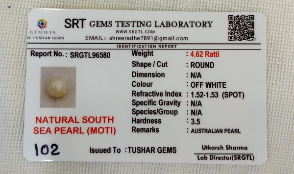 SRT Gems Testing Laboratory certificate SRGTL96580 for Natural South Sea Pearl from Tushar Gems