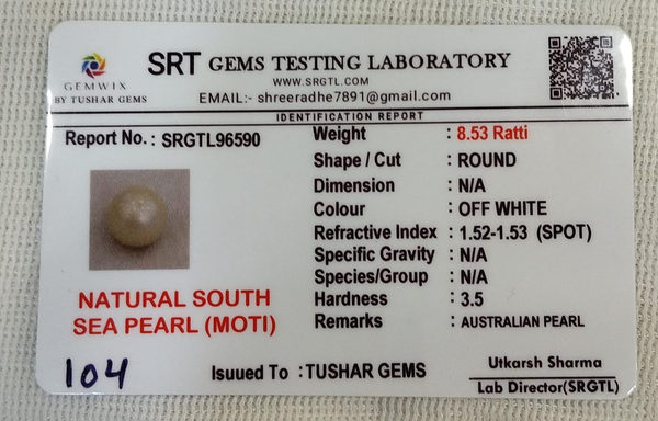 SRT Gems Testing Laboratory certificate SRGTL96590 for Natural South Sea Pearl from Tushar Gems