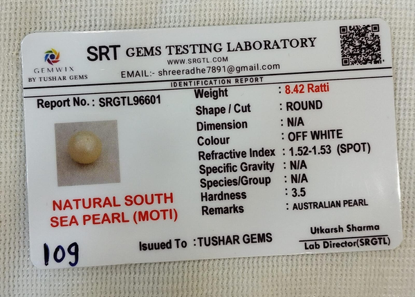 SRT Gems Testing Laboratory certificate SRGTL96601 for Natural South Sea Pearl from Tushar Gems