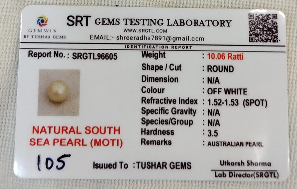 SRT Gems Testing Laboratory certificate SRGTL96605 for Natural South Sea Pearl from Tushar Gems
