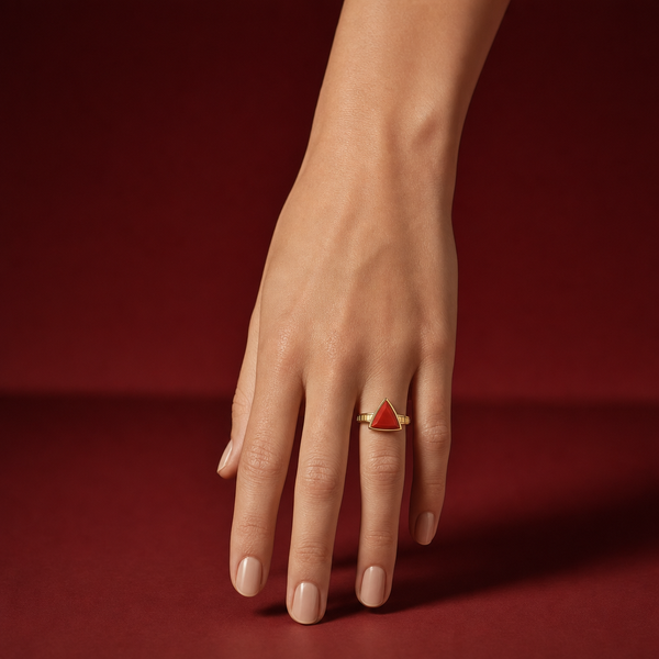 Natural Red Coral (Moonga) triangle ring worn on the ring finger - Tushar Gems