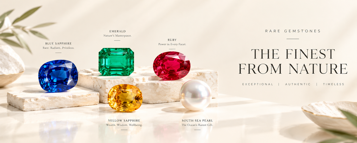 Rare gemstones — The Finest From Nature: blue sapphire, emerald, ruby, yellow sapphire and South Sea pearl