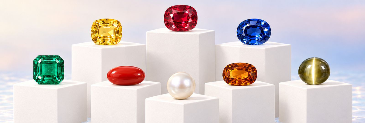 The Navratna: emerald, yellow sapphire, ruby, blue sapphire, red coral, pearl, hessonite and cat's eye on white pedestals