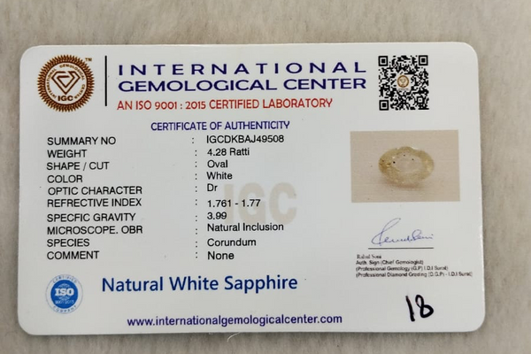 IGC certificate of authenticity IGCDKBAJ49508 - Natural White Sapphire 4.28 Ratti