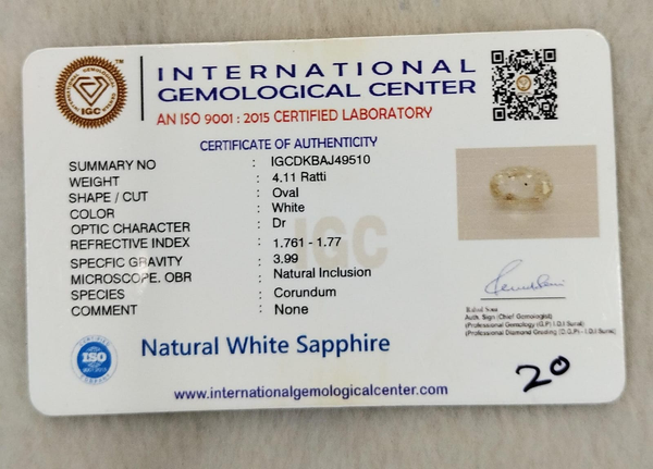 IGC certificate of authenticity IGCDKBAJ49510 - Natural White Sapphire 4.11 Ratti