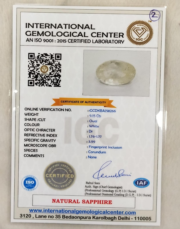 IGC certificate of authenticity IGCDKBAJ58266 - Natural White Sapphire 10.17 Ratti