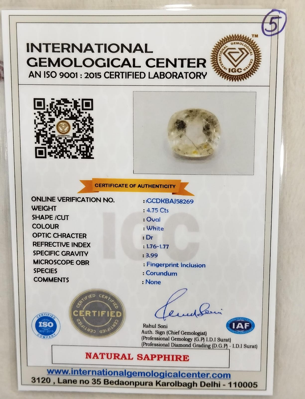 IGC certificate of authenticity IGCDKBAJ58269 - Natural White Sapphire 5.28 Ratti