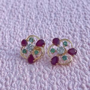 Stunning Natural Ruby & Emerald with Diamonds in 14K Gold Earrings