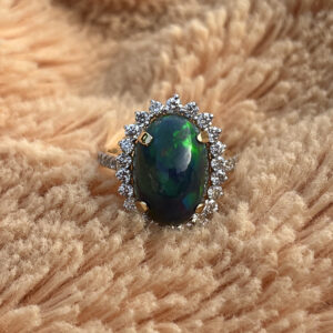 Elegant Natural Green Opal in Oval Shape with Diamonds in 14K Gold Ring