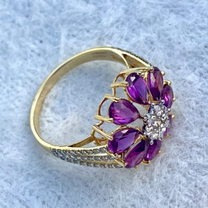 Elegant Natural Rhodolite & Diamond Flower Ring in 14K Gold