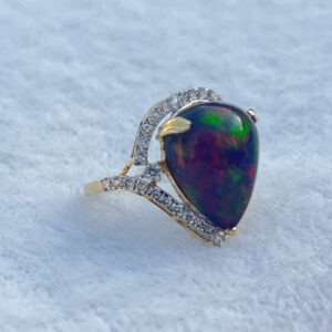 Elegant Natural Black Opal in Pear Shape with Diamonds in 14K Gold Ring