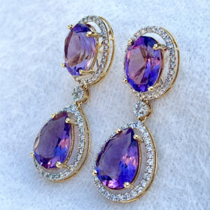 Luxurious Heavy Amethyst Earrings with Natural Diamonds in 14K Gold