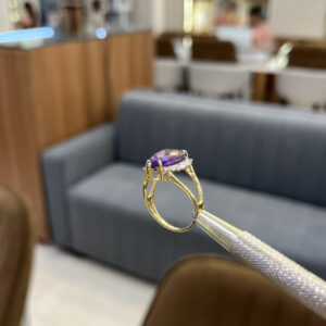 Natural Marquise Shape Amethyst & Diamond Ring in 14K Gold