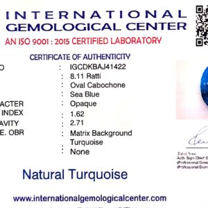 Natural Turquoise | Oval Cabochon | Sea Blue | IGC Certified Certification: IGC (IGCDKBAJ41422)