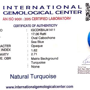 Natural Turquoise | Sea Blue | Oval Cabochon | IGC Certified | Matrix Background Certification: IGC (IGCDKBAJ41411)