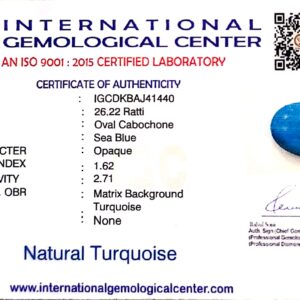 Natural Turquoise | Sea Blue | Oval Cabochon | IGC Certified | Matrix Background  Certification: IGC (IGCDKBAJ41440)