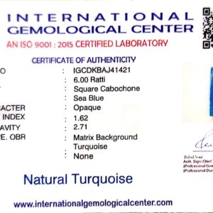 Natural Turquoise | Certified Square Cabochon in Sea Blue Certificate No.: IGCDKBAJ41421